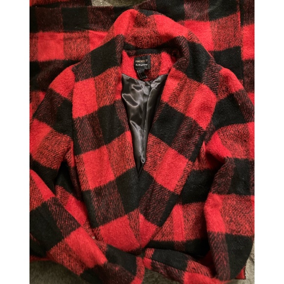 Red & black Buffalo plaid trench coat - Picture 3 of 4